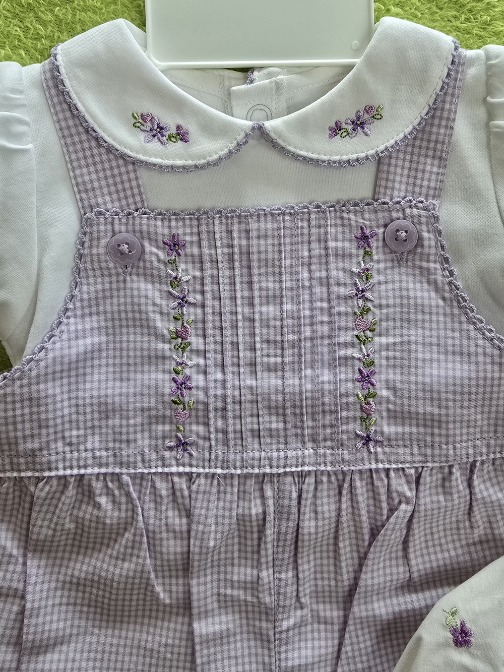 NWT  0-3M Baby GIRLS Lilac Gingham Embroidered OVERALLS TOP + HAT SET (Q1) - Picture 2 of 5